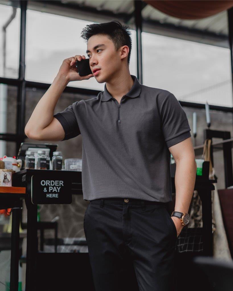 SOM - Dark Grey Short Sleeve Polo Shirt with Zipper