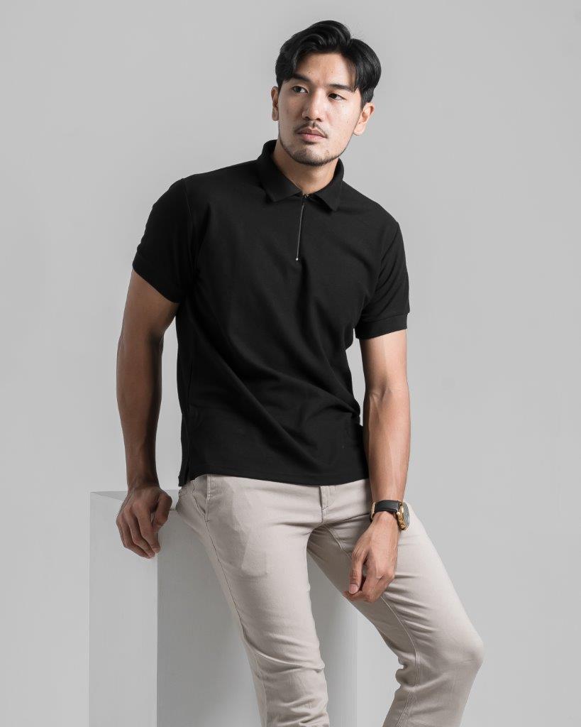 SOM - Black Short Sleeve Polo Shirt with Zipper