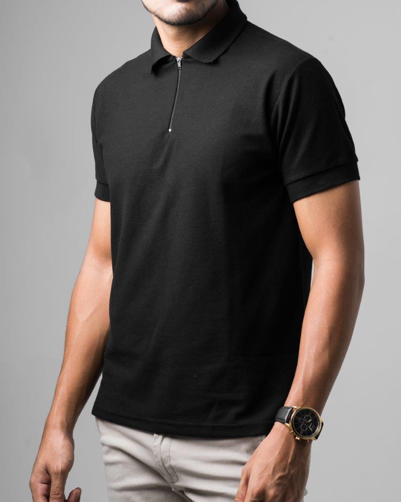 SOM - Black Short Sleeve Polo Shirt with Zipper