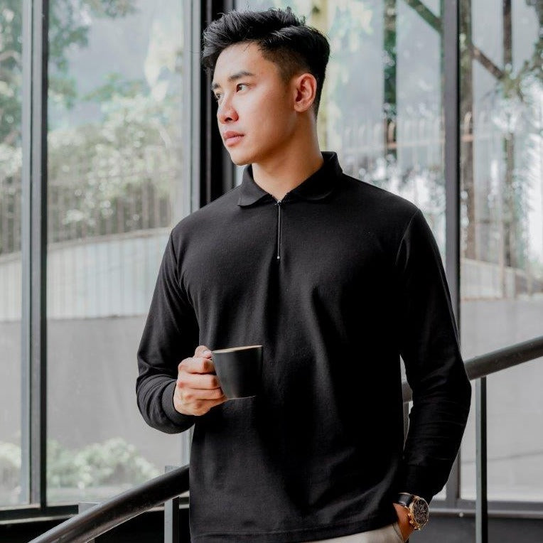 SOM - Black Long Sleeve Polo Shirt with Zipper