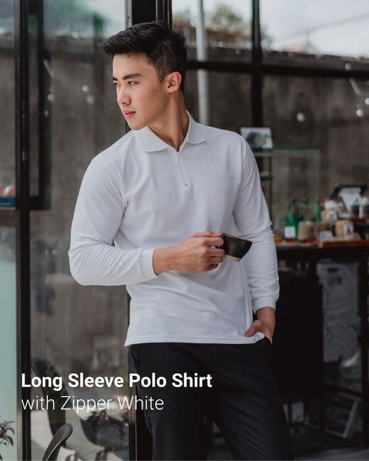 SOM - White Long Sleeve Polo Shirt with Zipper