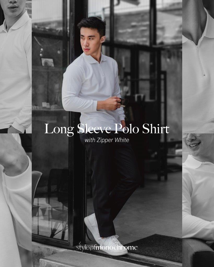 SOM - White Long Sleeve Polo Shirt with Zipper