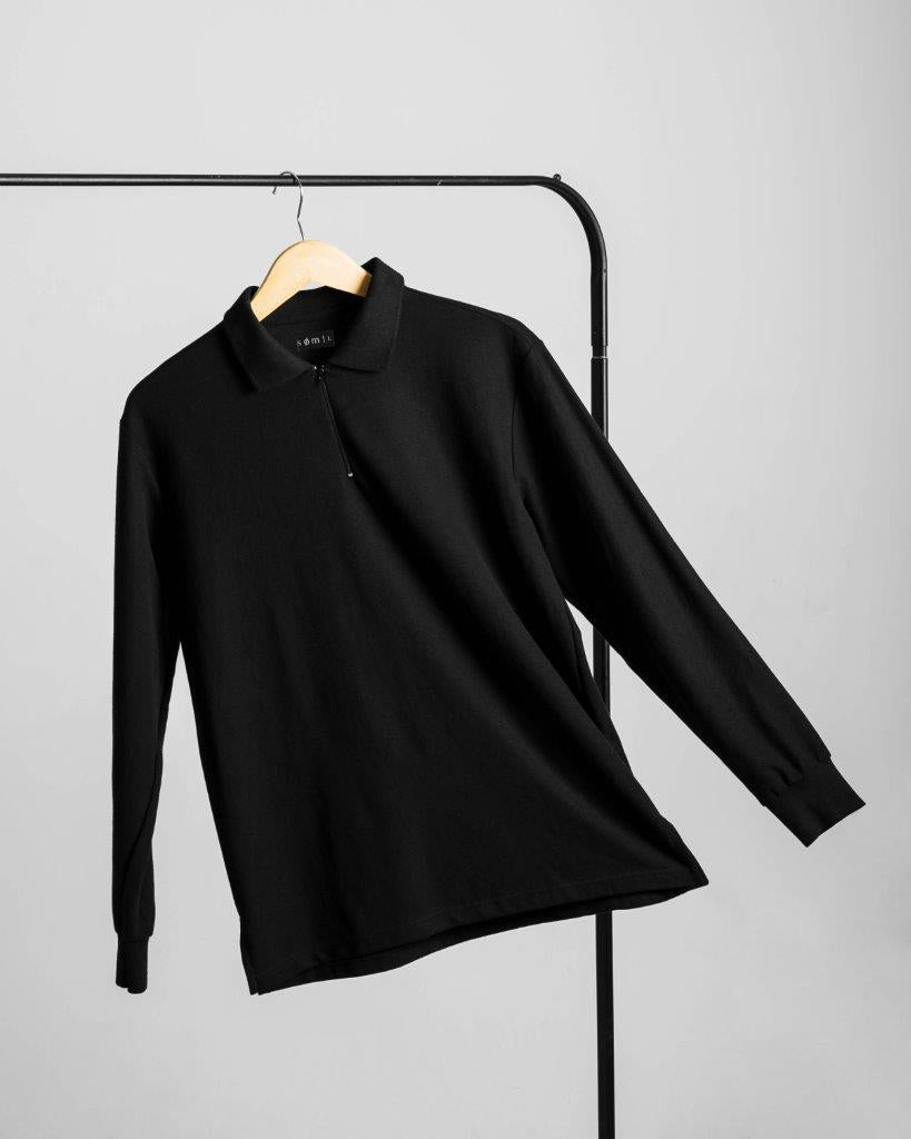 SOM - Black Long Sleeve Polo Shirt with Zipper